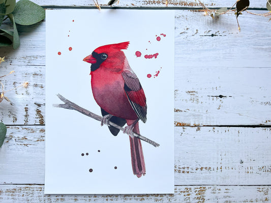 A print of a watercolour painting of a cardinal looking to the side