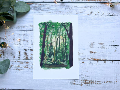 A gouache print of woodlands in wales called fforest fach