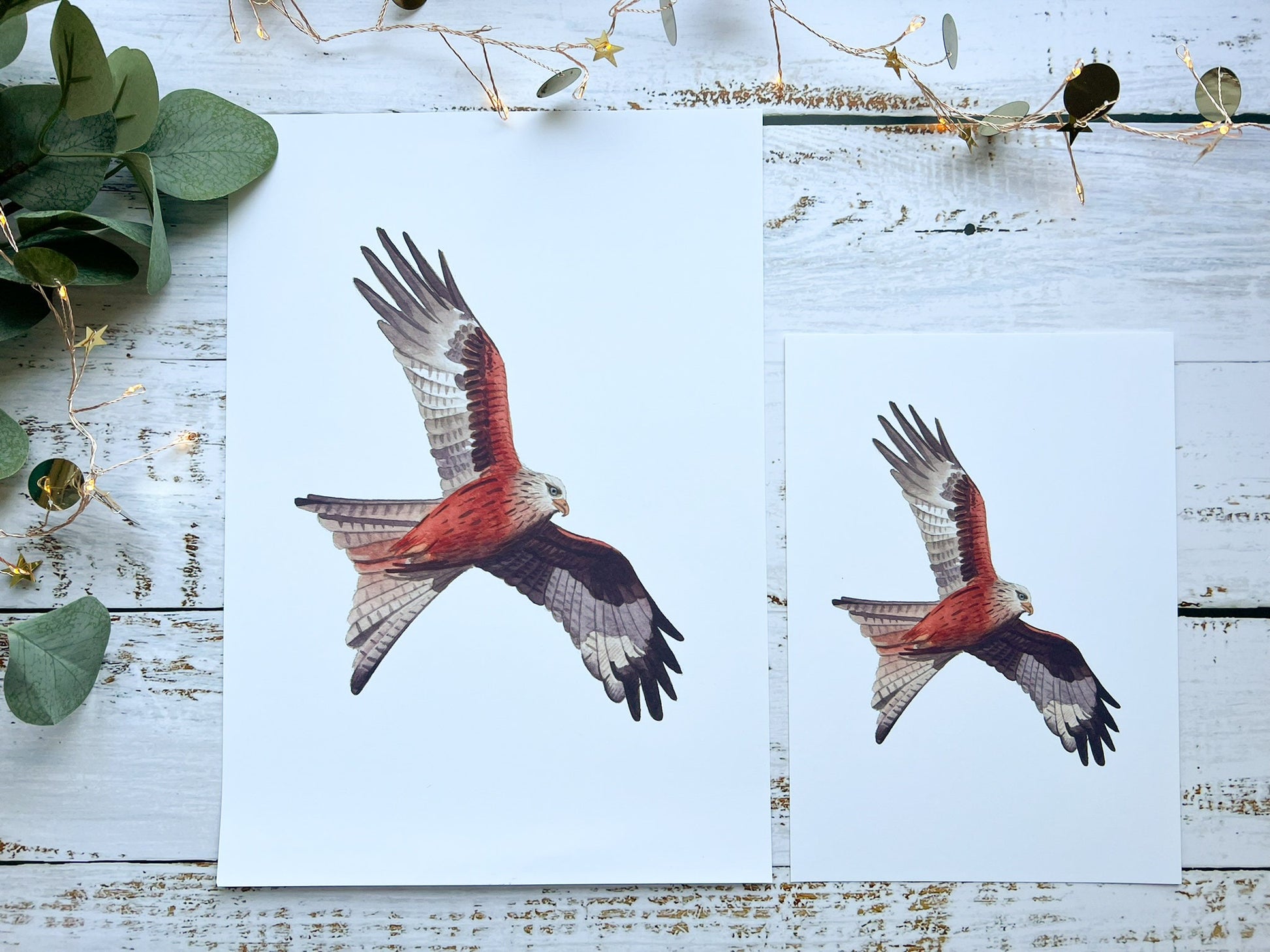 A watercolour print of a red kite in flight