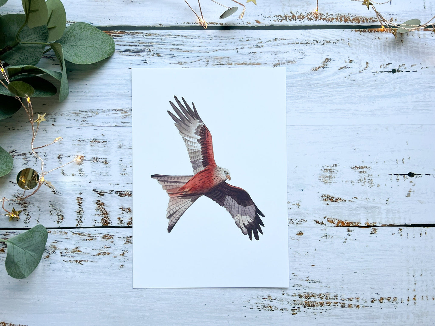 A watercolour print of a red kite in flight
