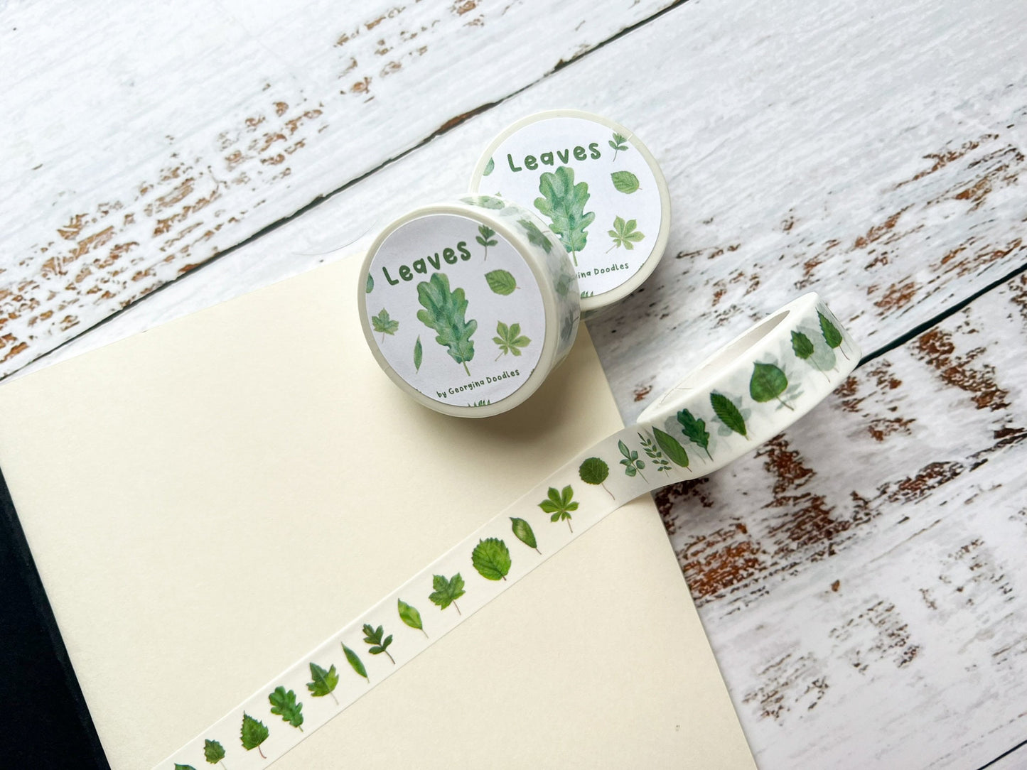 A close up of washi tape with watercolour green leaves all over
