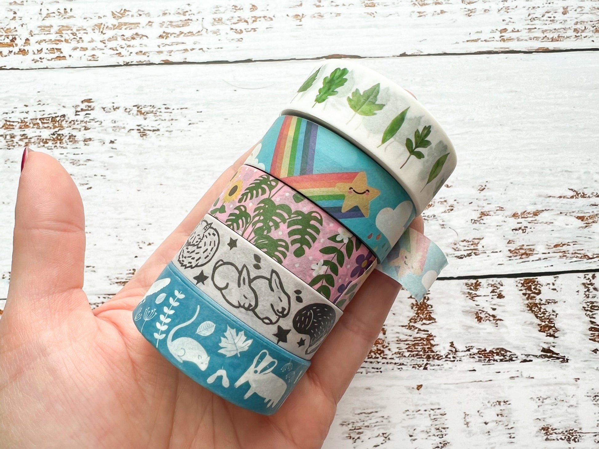 A stack of five different washi tapes in my hand