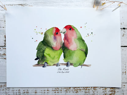 A watercolour print of two lovebirds, underneath is the surname of a couple and their date they got married