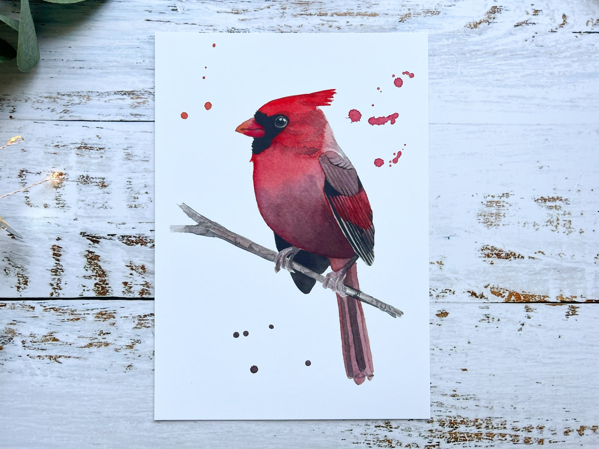 A print of a watercolour painting of a cardinal looking to the side