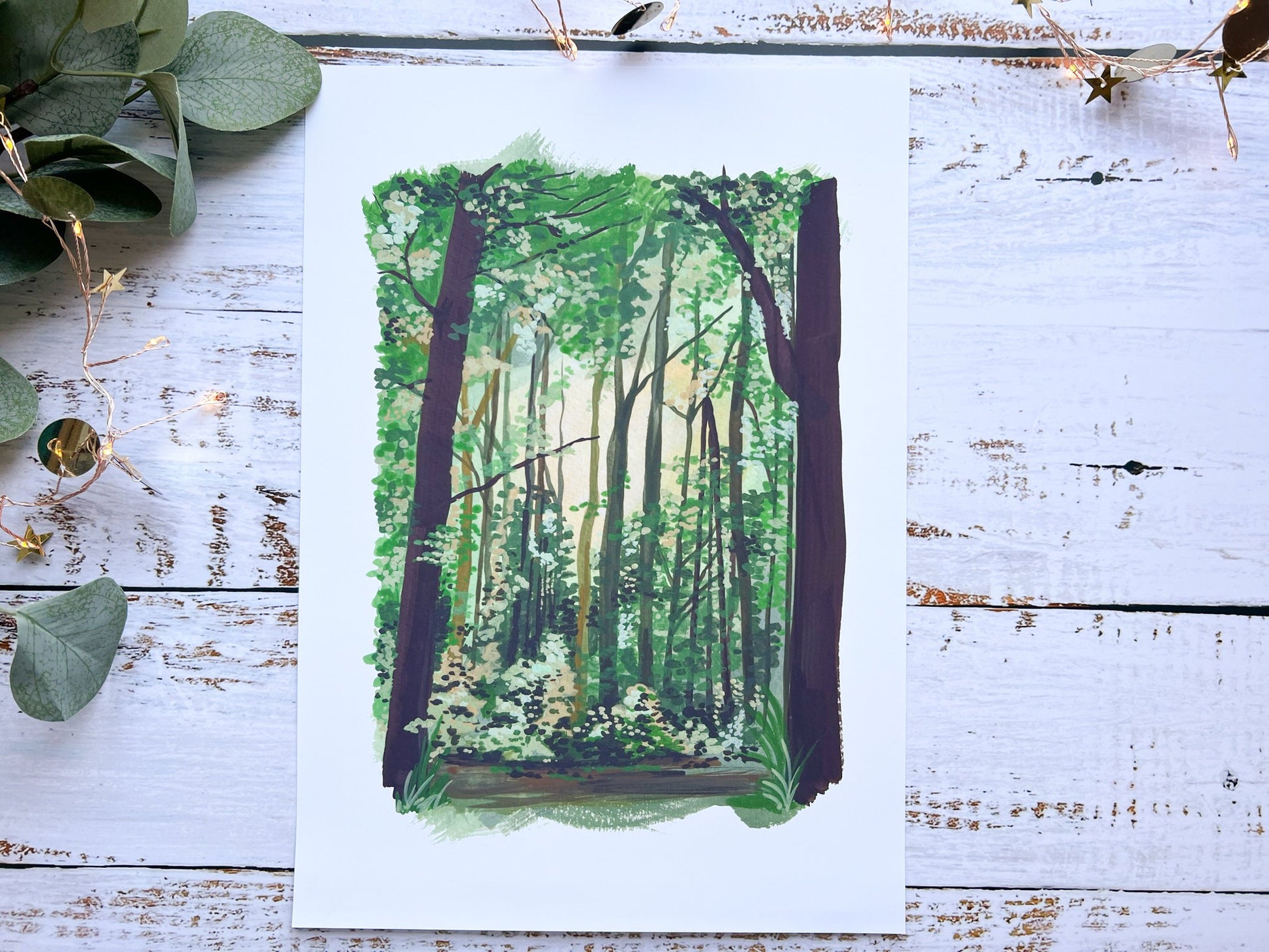 A gouache print of woodlands in wales called fforest fach