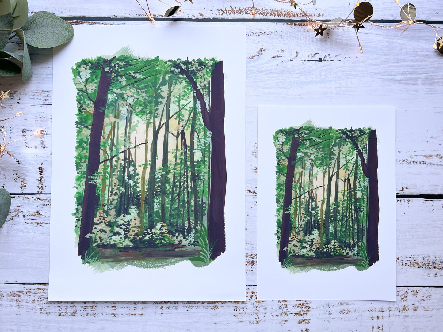 A gouache print of woodlands in wales called fforest fach