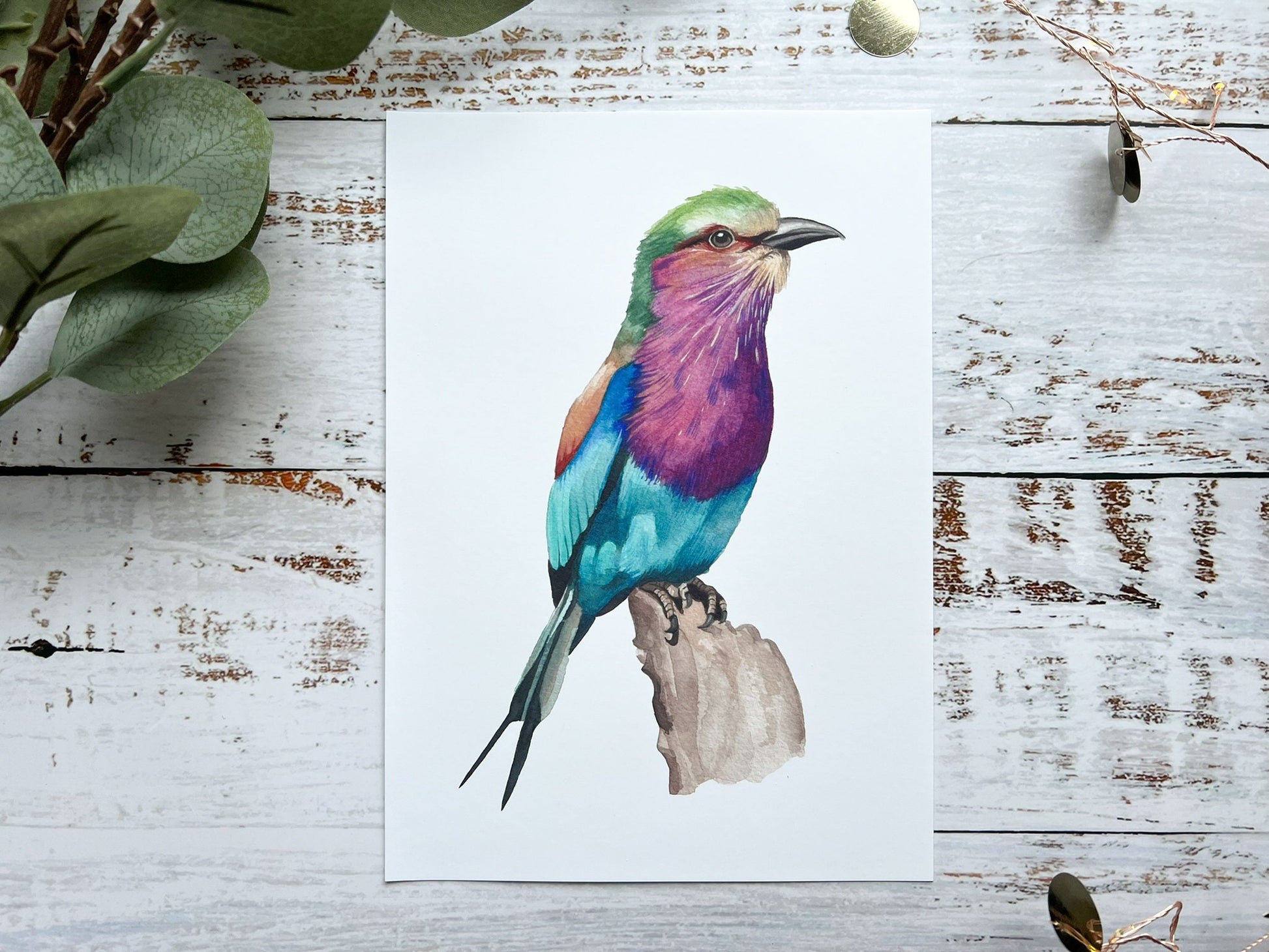 A watercolour print of a lilac breasted roller