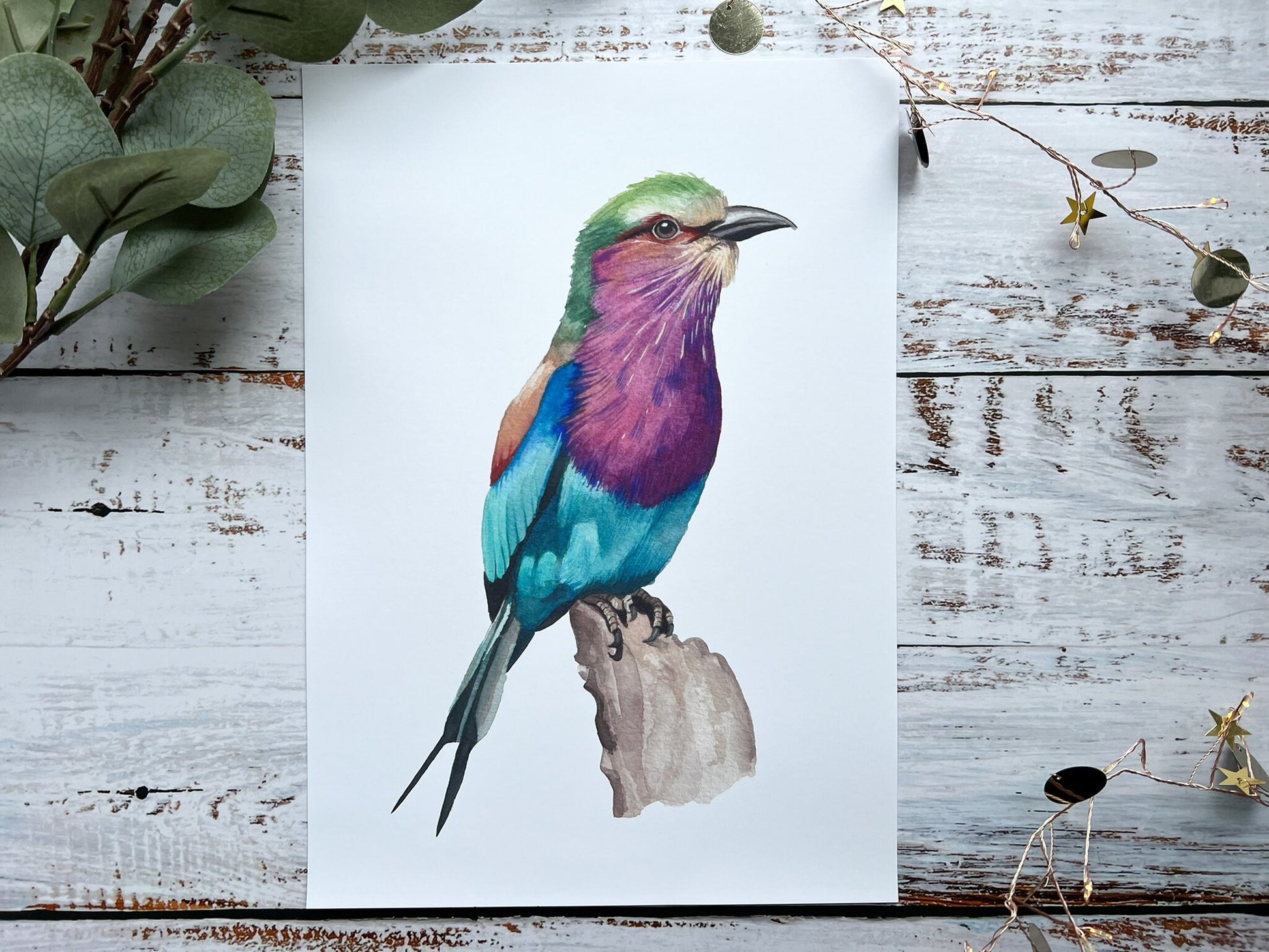 A watercolour print of a lilac breasted roller