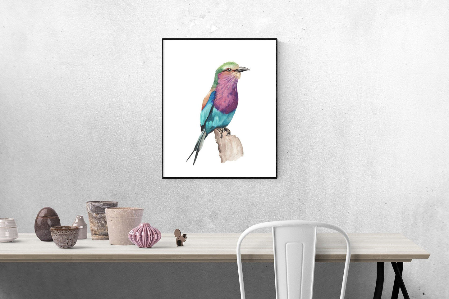 A watercolour print of a lilac breasted roller