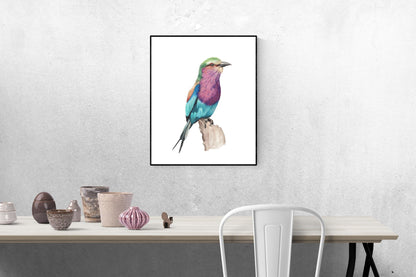 A watercolour print of a lilac breasted roller