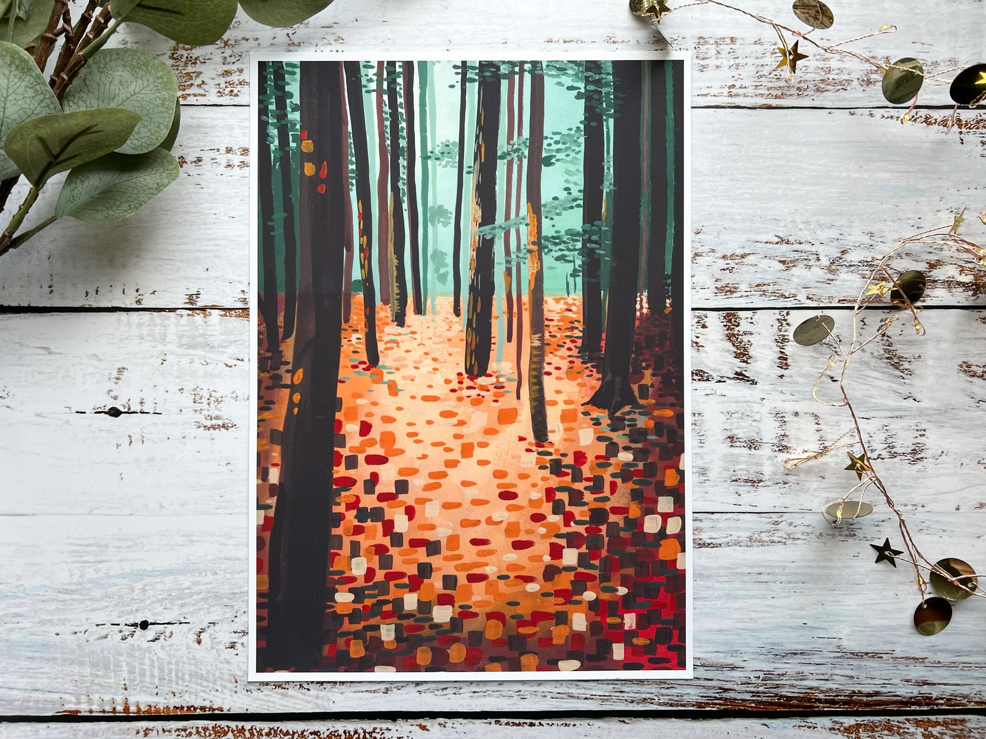 A gouache print of an abstract woodland scene