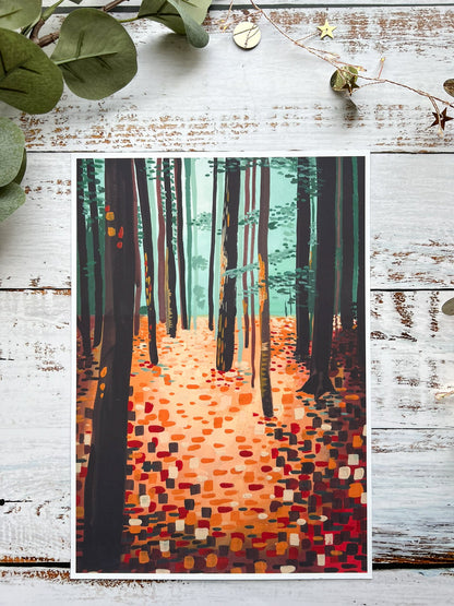 A gouache print of an abstract woodland scene