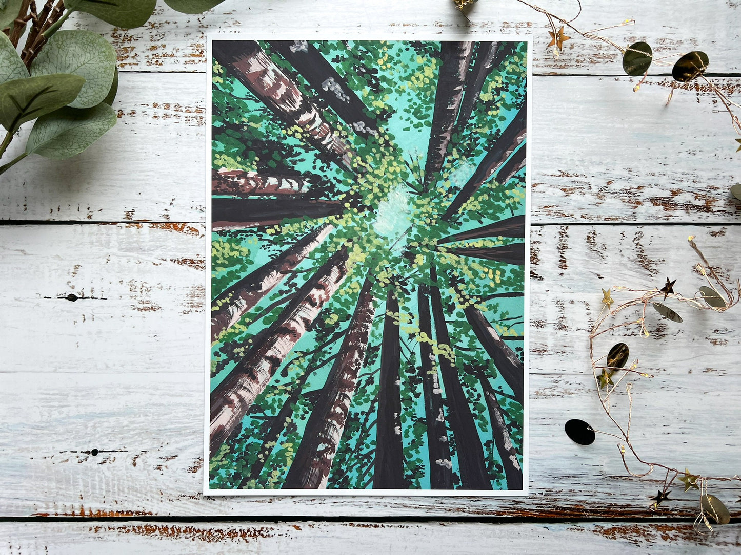 A gouache print of Californian redwood trees from the perspective of standing on the ground and looking up at the sky